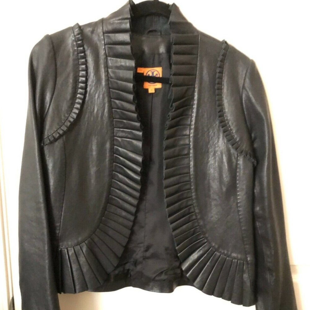 Tory Burch Leather Jacket Black with Ruffle Detail